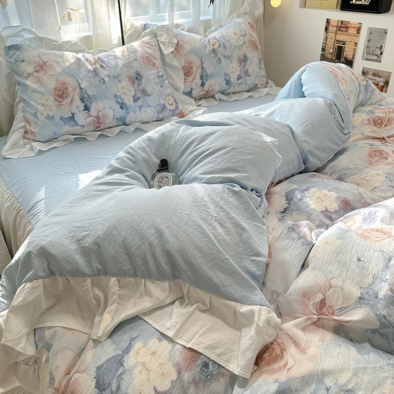French Romantic Style Bedding Set Princess Skin Friendly And Comfortable Quilt Cover Lace Washed Cotton Printed Duvet Cover Set 240819
