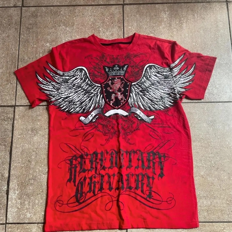 Harajuku Y2K American Gothic Skull Wings Printed T shirt Men Summer Cotton Sweatshirt Hip-hop Rap Women Tops Oversized t shirt 240819