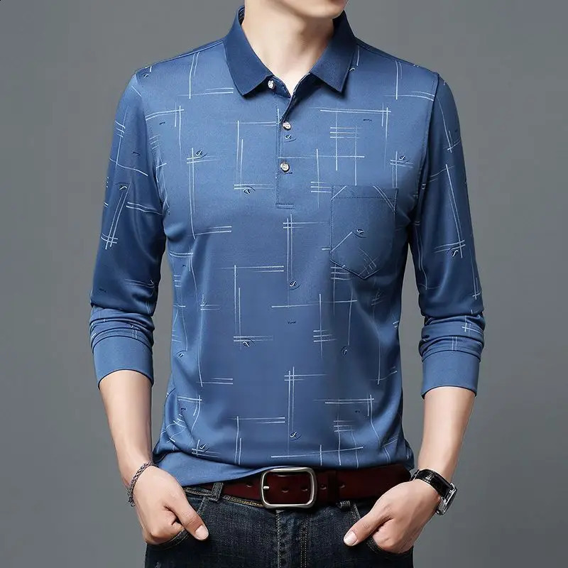 Spring Autumn Pullover Mens Retro Solid Color Pockets Button Long Sleeve Turn-down Collar T-shirt Casual Formal Business Tops 240820