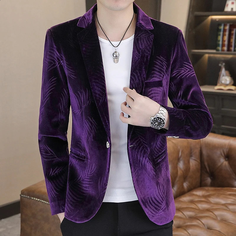Fashionable mens y gold velvet suit jacket bluekhakipurple trend wedding dance party slim fit dress 240819