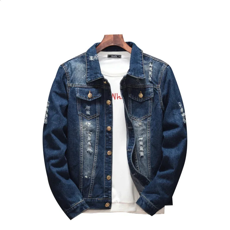 Jacket Men Blue Jeans Coat Clothing Hole Plus Size Denim Spring Autumn Young Casual Hippie Clothes Distressed Jackets 240819