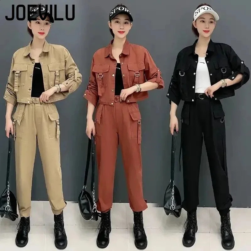JOEVILU 2PCS Streetwear Tracksuit Cargo Coat Casual Pants 2 Piece Sets Womens Outfits Spring and Autumn Korean Fashion Y2k Suit 240820