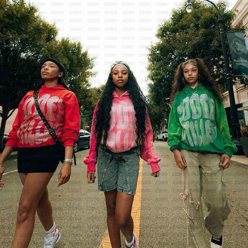 Y2K Rhinestone Letter Hoodie for Women Gothic Black Floral Oversized Sweater Womens Retro Harajuku Street Clothing 240814