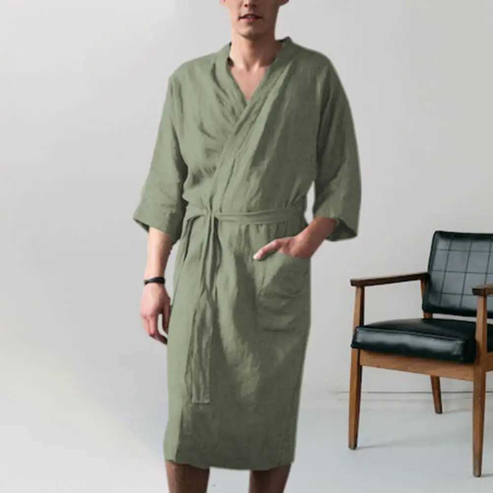 Mens evening gown mens yukata soft lace open top pajamas three quarter sleeve pockets loose mens bathroom evening gownW240719