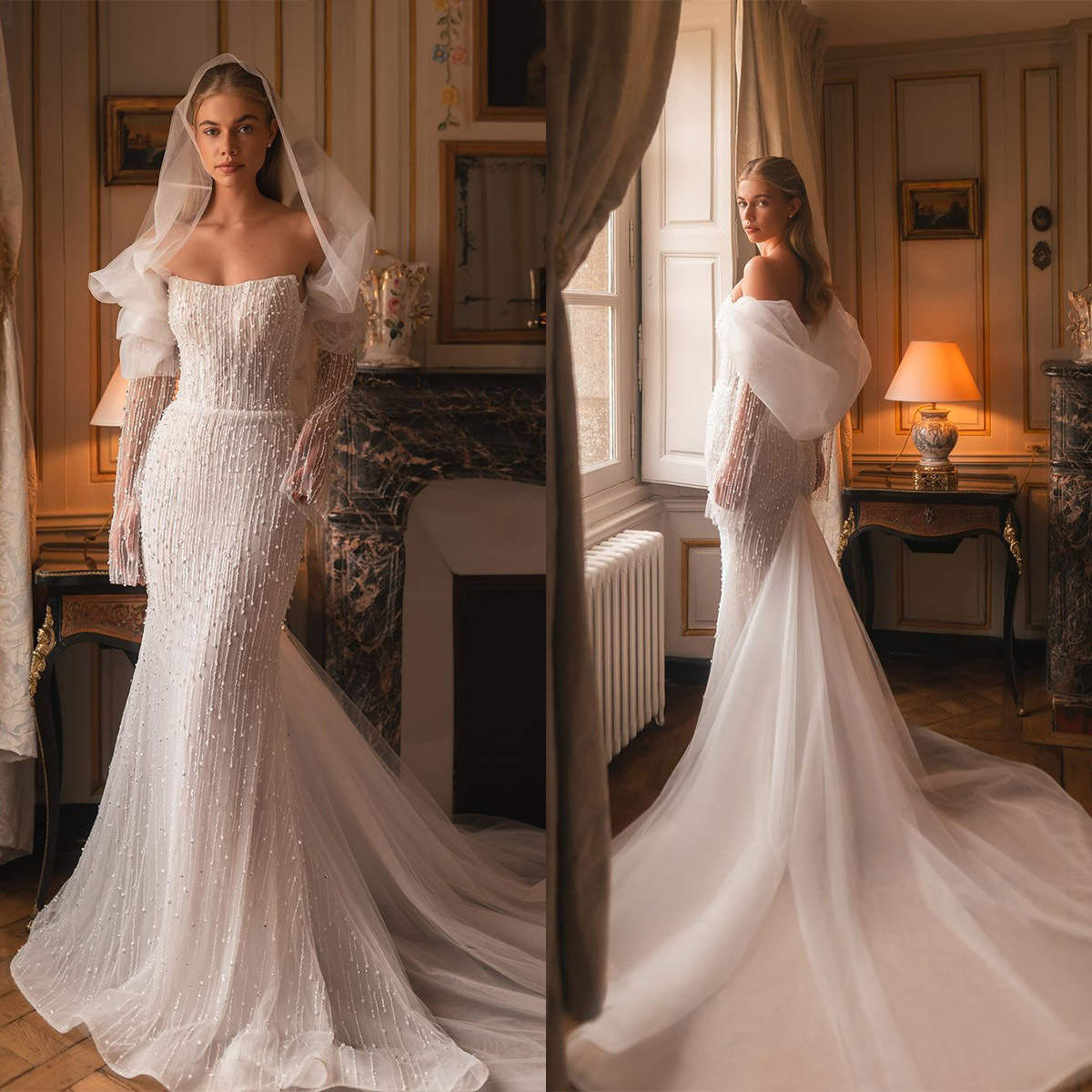 Arabic Illusion Mermaid Ivory Wedding Dress Beaded Sequined Long Sleeve Bridal Gowns Custom Made Dresses