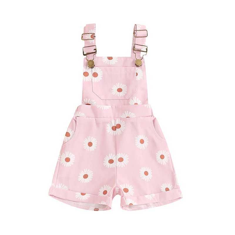 Children toddlers girls summer short sleeved print sleeveless buttons adjustable shoulder straps jumpsuit with pockets W240806