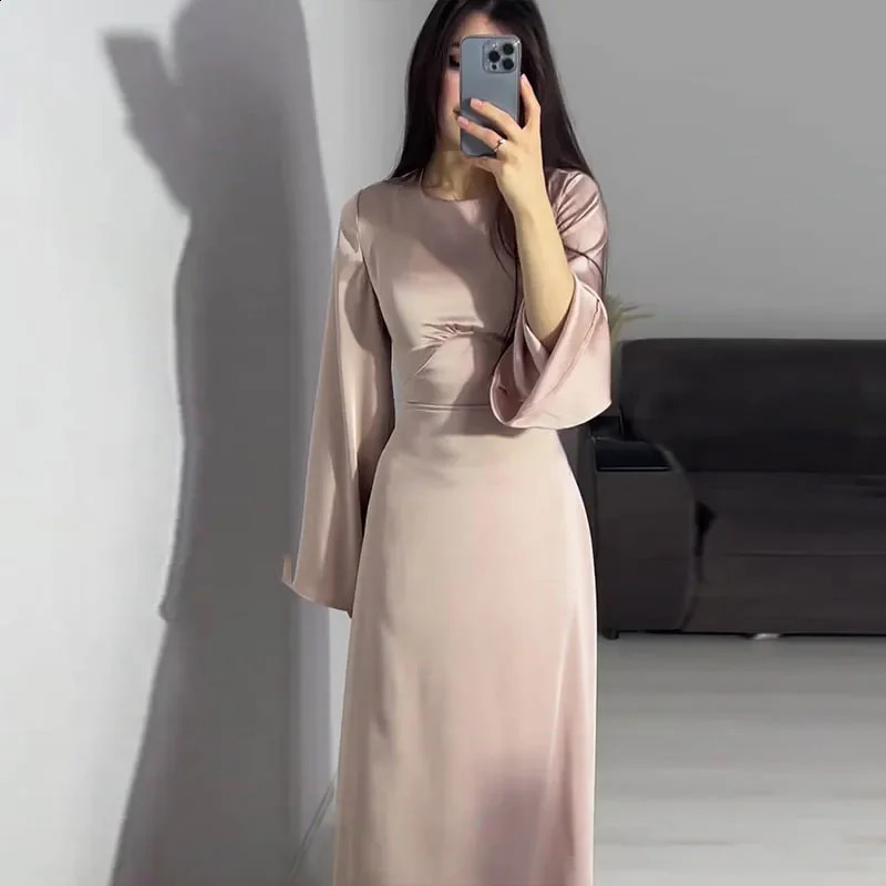 Women Satin Long Dresses Sexy Lace Up Slim Evening Dresses Simple Round Neck Flare Sleeve Birthday Party Dresses For Women 240823