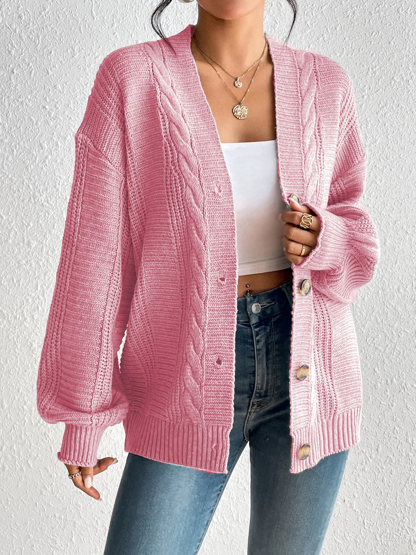 Vneck knitted cardigan womens autumn and winter thick American loose casual long sleeved solid color sweater jacket in 6 colors 240819