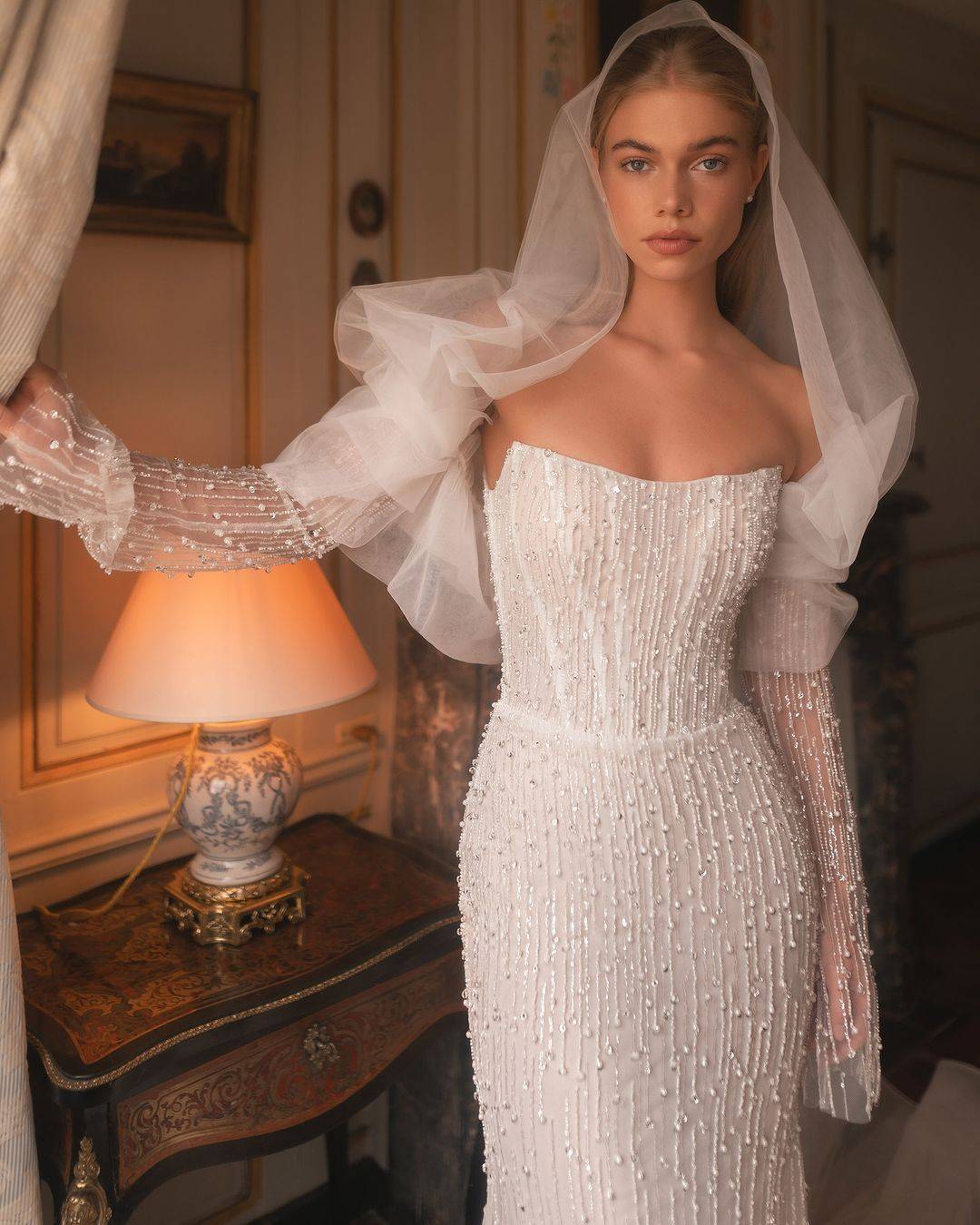 Arabic Illusion Mermaid Ivory Wedding Dress Beaded Sequined Long Sleeve Bridal Gowns Custom Made Dresses