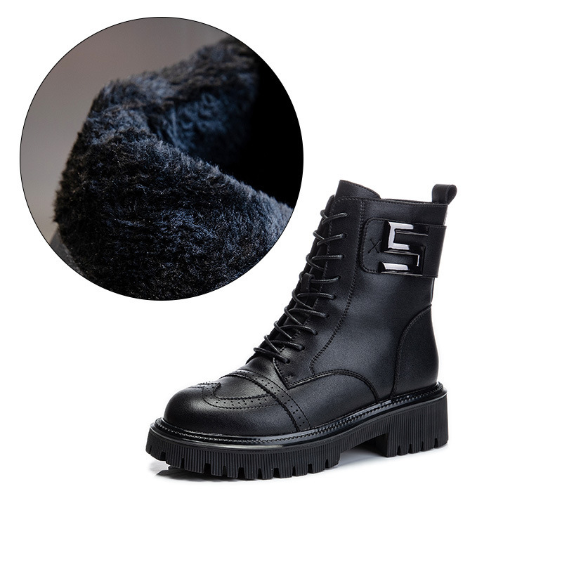 Ddmysports Autumn And Winter New Mid Tube Genuine Leather Martin For English Style Plush Short Boots Thick Sole Casual Women S Shoes OUTDOOR