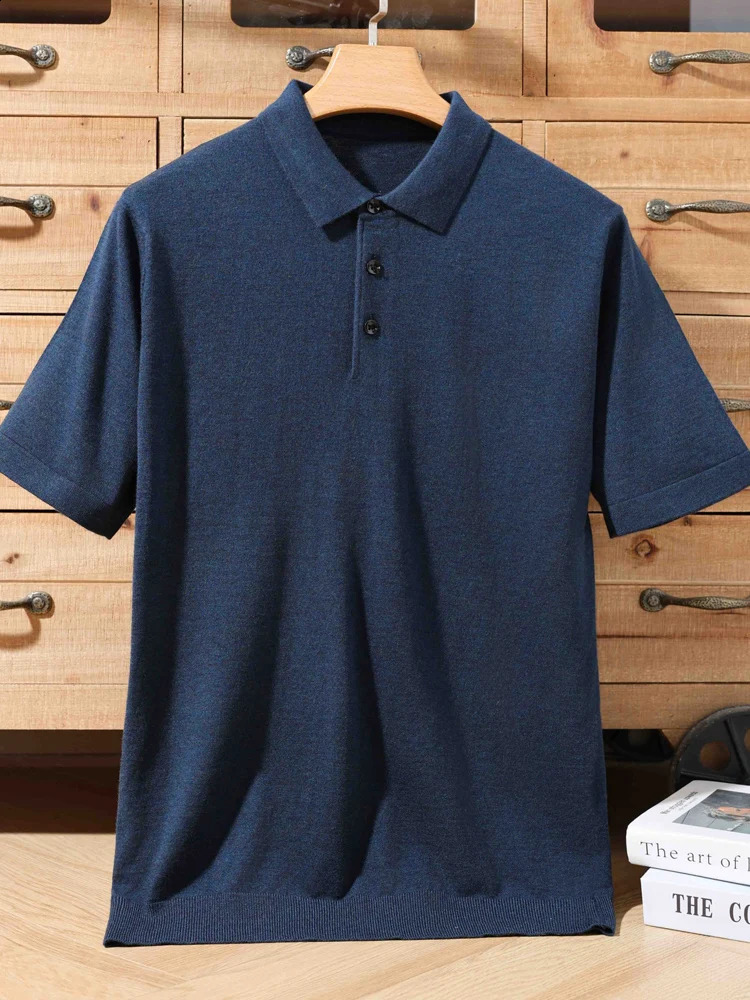 Spring Summer Mens Polo T-shirt Thin Soft Smart Casual Short Sleeve Pullover Sweater 30% Merino Wool Knitwear Korean Fashion 240820
