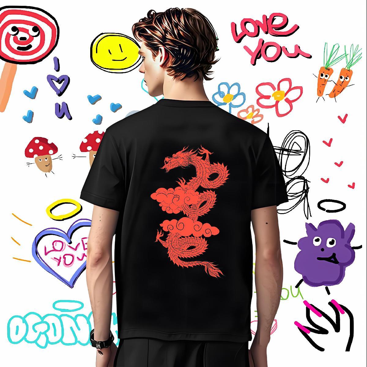 T-Shirts 100% Cotton 230g dragon Beach Crew Neck DIY Men Tops Tees Fashion Loose Fit Tees Shirts