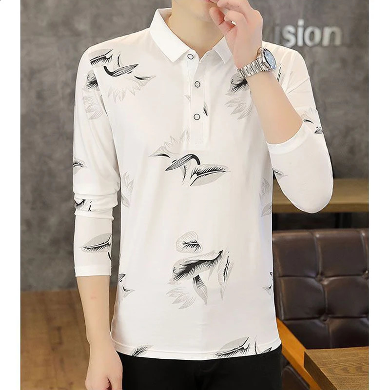 Mens Clothing Korean Fashion Business Casual Feather Print Polo T-shirt Spring Autumn High Quality Long Sleeve Slim Basic Tops 240820