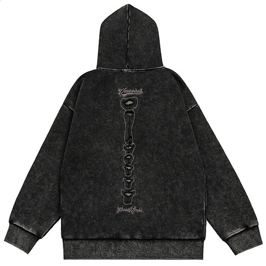Punk Skeleton Ripped Hoodie for Men Washed Vintage Oversized Pullover Hoodies Hip Hop Streetwear Harajuku Y2K Hooded Sweatshirt 240819