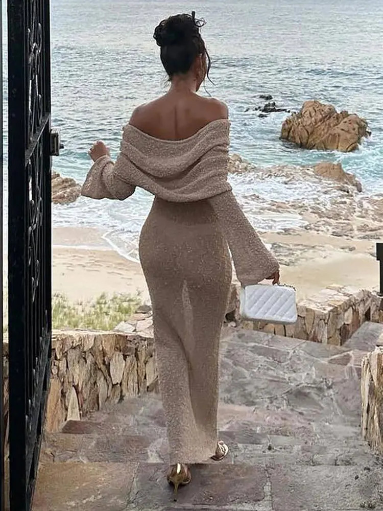GACVGA Summer Knit Hollow Out Off-Shoulder Maxi Dress Women Cover Up Knitwear Long Sleeve Holiday Sexy Beach Party Dress 240819