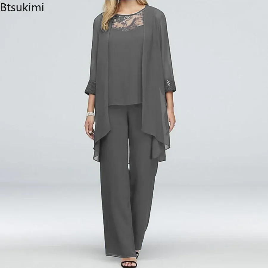2024 Womens Elegant Pant Sets Formal Office Ladies Oversized Chiffon Lace Suits Straight Pant Cardigan Tops 3 Pieces Sets Woman 240819