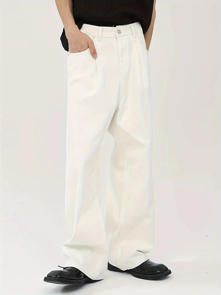 Fashion White Jeans Mens High Street Solid Color Denim Pants Korean Casual Loose Straight Wide Leg Trousers y2k Clothes 2024 240814