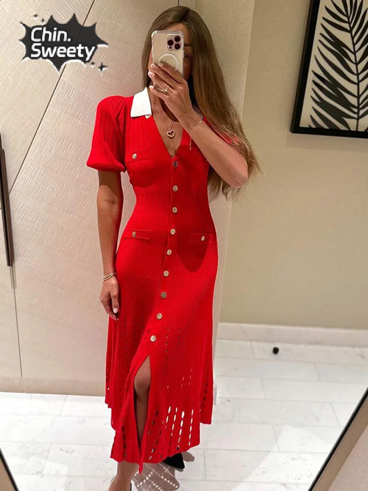 Red and black hollow womens knitted long skirt elegant comparison single chest lapel short sleeved Maxi dress streetwear 240819