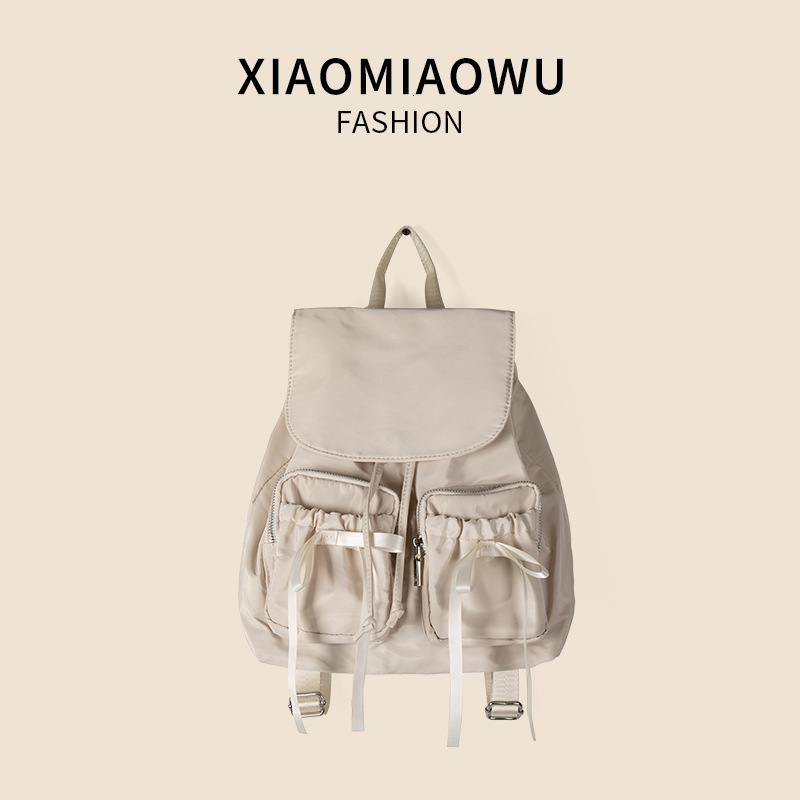 Multi pocket pleated nylon simple bow flap backpack, women's high-end and lightweight travel backpack