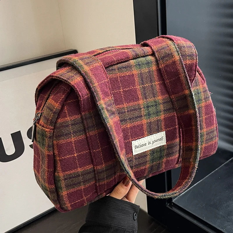 Trendy Lattice Wool Blend Shoulder Bag Tote Handbags and Purses 2023 Ladies Messenger Bags High Quality 240819