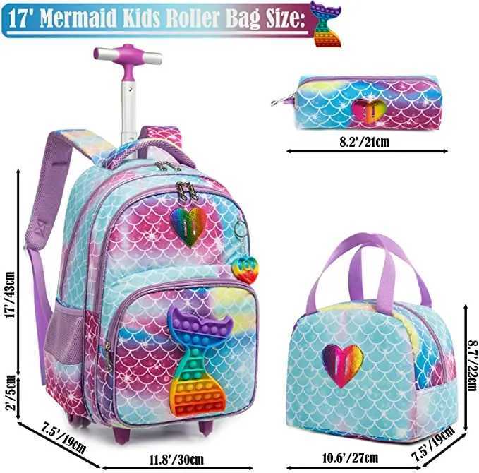 Children 3pcs Schoolbag set with Wheels School Trolley Bag with lunch bag School Rolling Backpack Set Wheeled backpack for girls Y240820