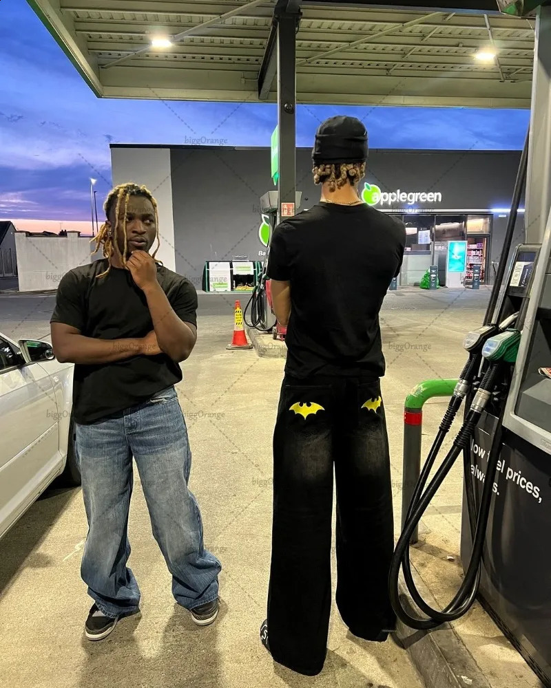 American Style Baggy Oversized Jeans Y2K Harajuku Retro Hip-hop Streetwear Gothic Bat Pattern Casual Straight Wide-leg Pants Men 240819