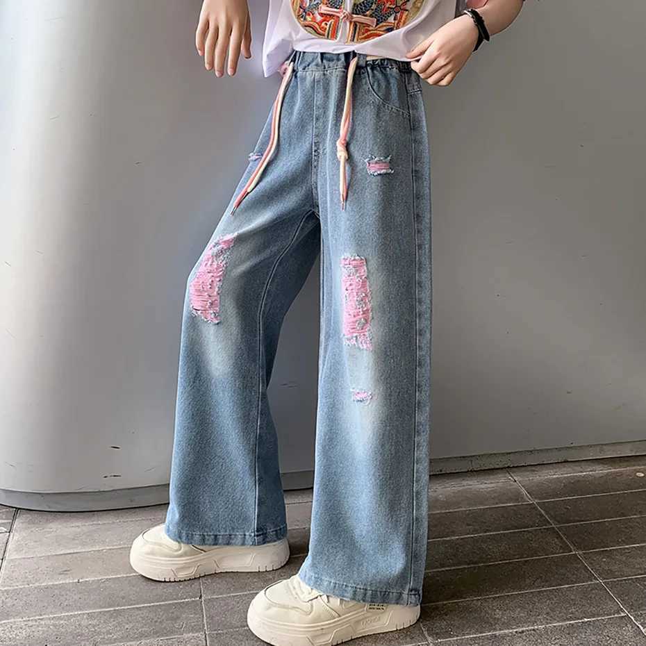 Girl torn jeans big hole jeans girl spring autumn jeans childrens casual style childrens clothing 6 8 10 12 14W240819