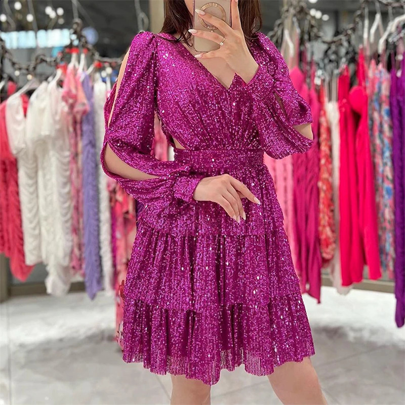 Sexy V Neck Long Sleeve Hollow Out Mini Dress Sparkling Sequins Autumn Ladies Dress Fashion Ladies High Waist Pleated Cake Dress 240819