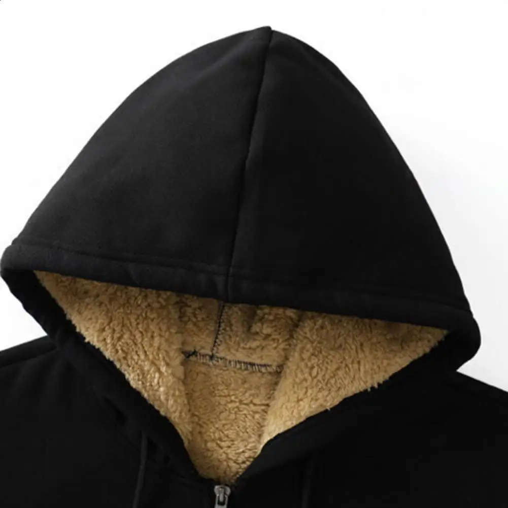 Fashionable sportswear jacket with front pocket warm zipper cashmere mens and womens winter solid color plush lining open top hooded sweatshirt 240819