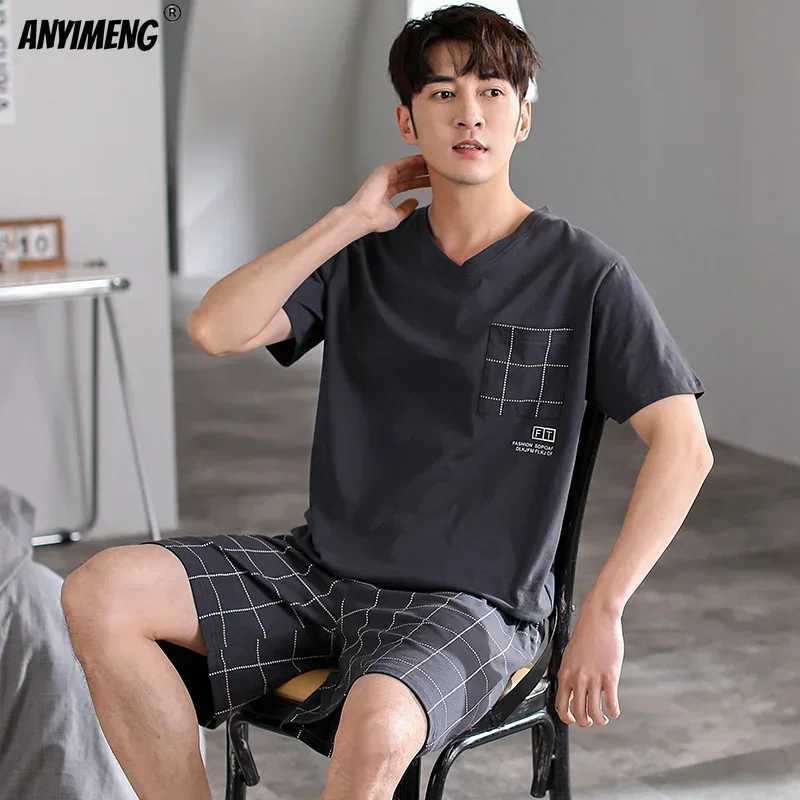 Dropshipping Pajama Set Mens Cotton Pajama Large Size 3xl 4xl Pajama Para Hombre Summer Cotton Short PajamaW240719