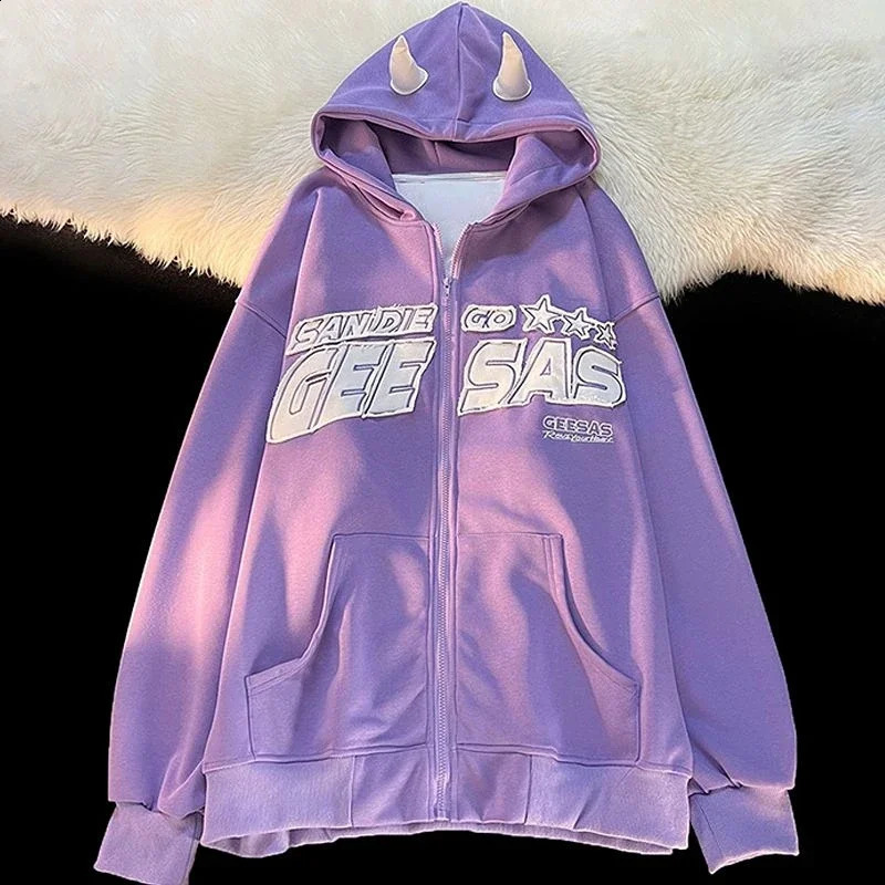 Harajuku Devil Horn Alphabet Star Print Sportswear Mens and Womens Hoodies Loose Hoodies Y2K Mens and Womens Street Wear 240814