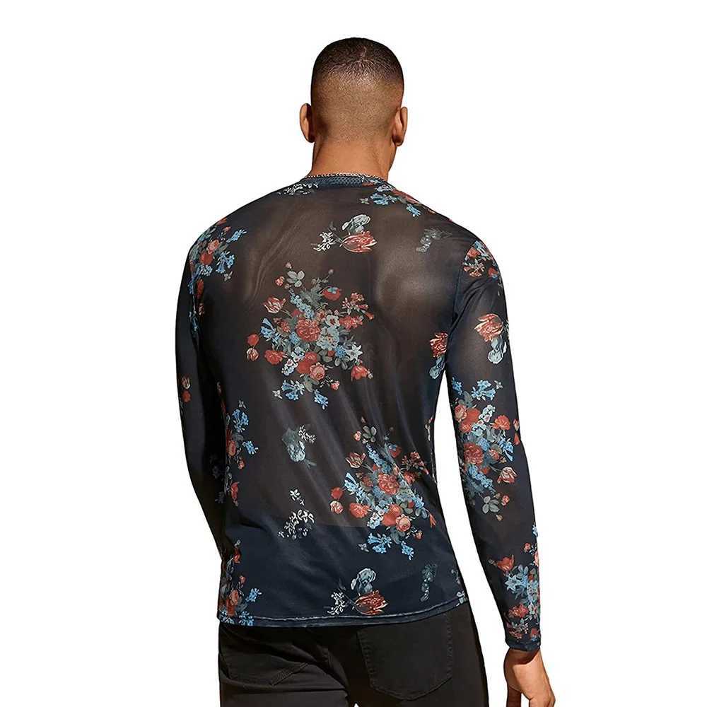 2024 Men T Shirt Printing O-neck Long Sleeve Tops Summer Sexy Mesh Streetwear See Through Fashion Man Clothing Party CamisetasXJ240819