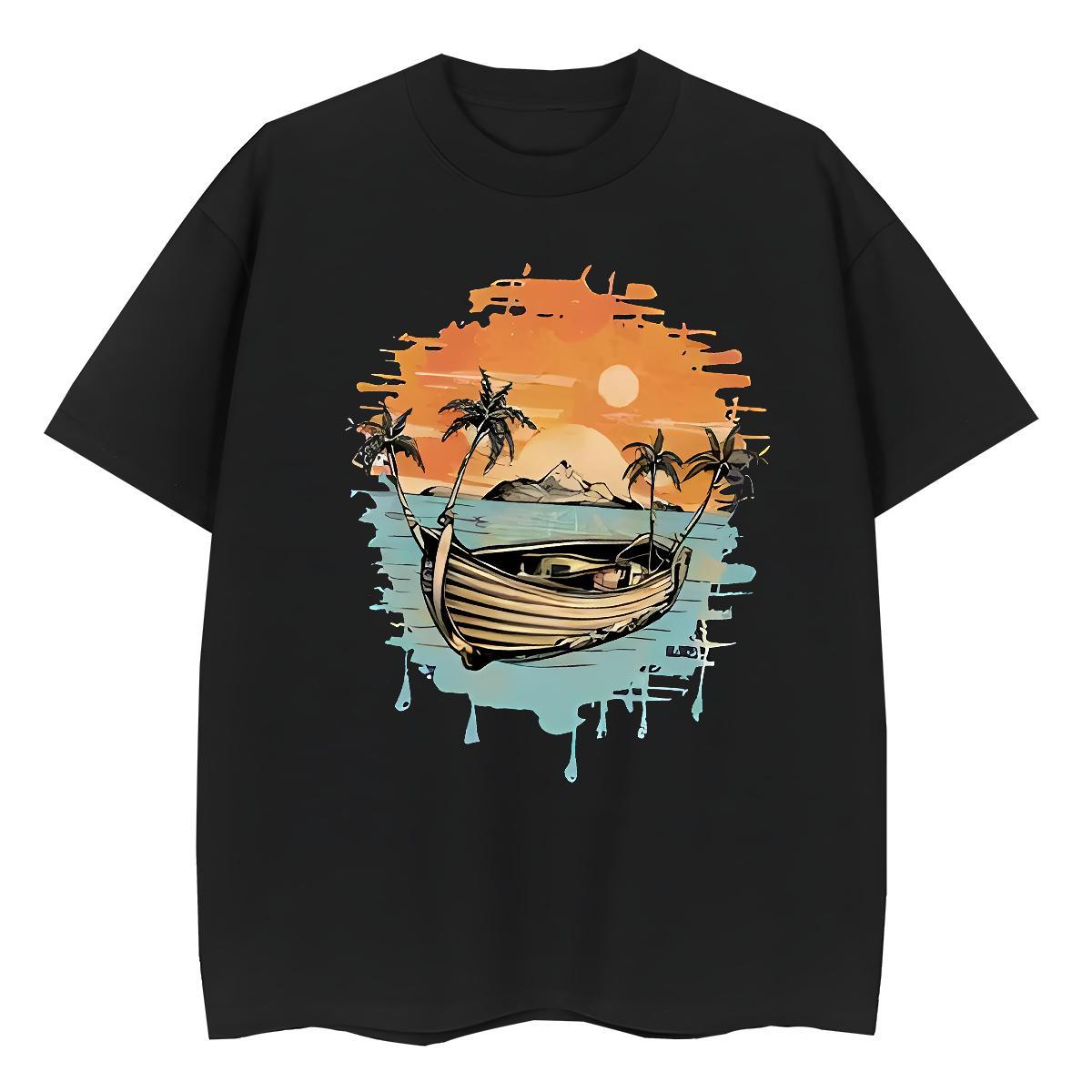 New Mens Tshirts boat Daily Outfit 230g 100% Cotton Tees Breathable Short Sleeve Popular T-Shirts Black Oversized