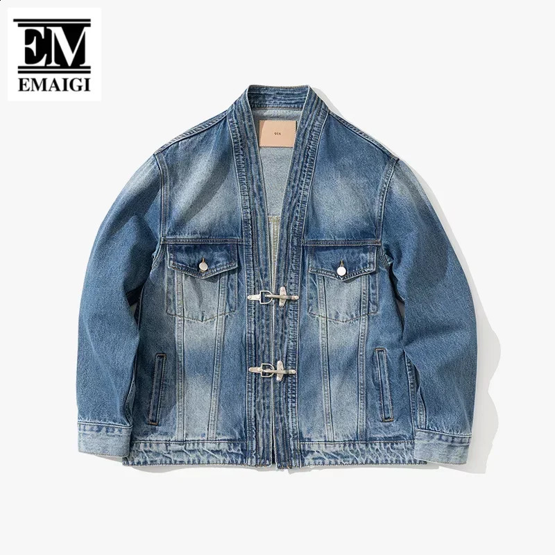 Men Metal Airplane Buckle Loose Casual Japanese Streetwear Fashion Vintage Denim Cargo Kimono Jacket Women Jeans Coat Outerwear 240819