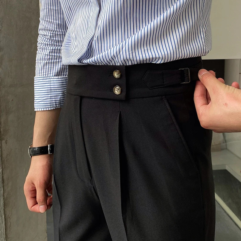 Classy Mens Suit Pants Fall Fashion Buttoned Belted High-waisted Straight Trousers For Men Casual Slim Pants Old Money Aesthetic 240820