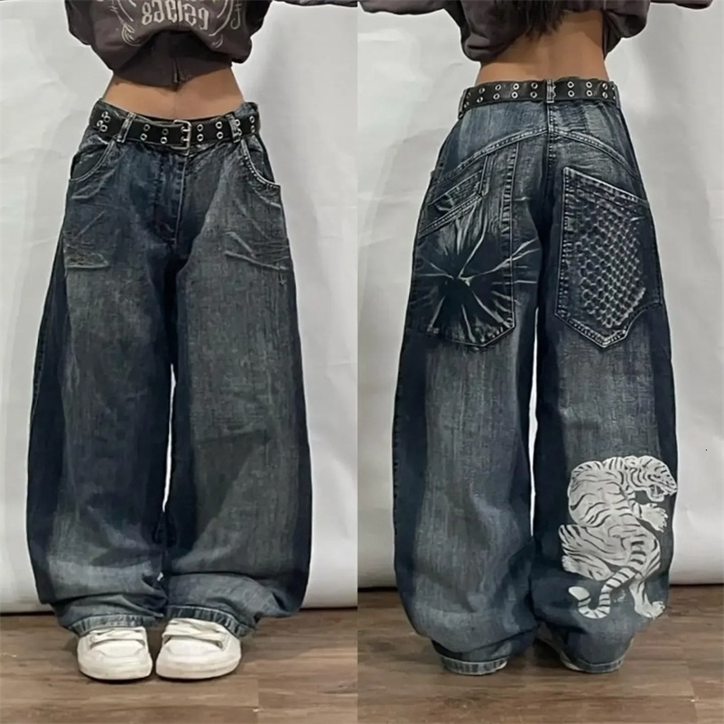 Harajuku Retro Big Tiger Head Embroidered Baggy Jeans Y2K Street Fashion Hip Hop Gothic Casual Joker Wideleg Pants y240819