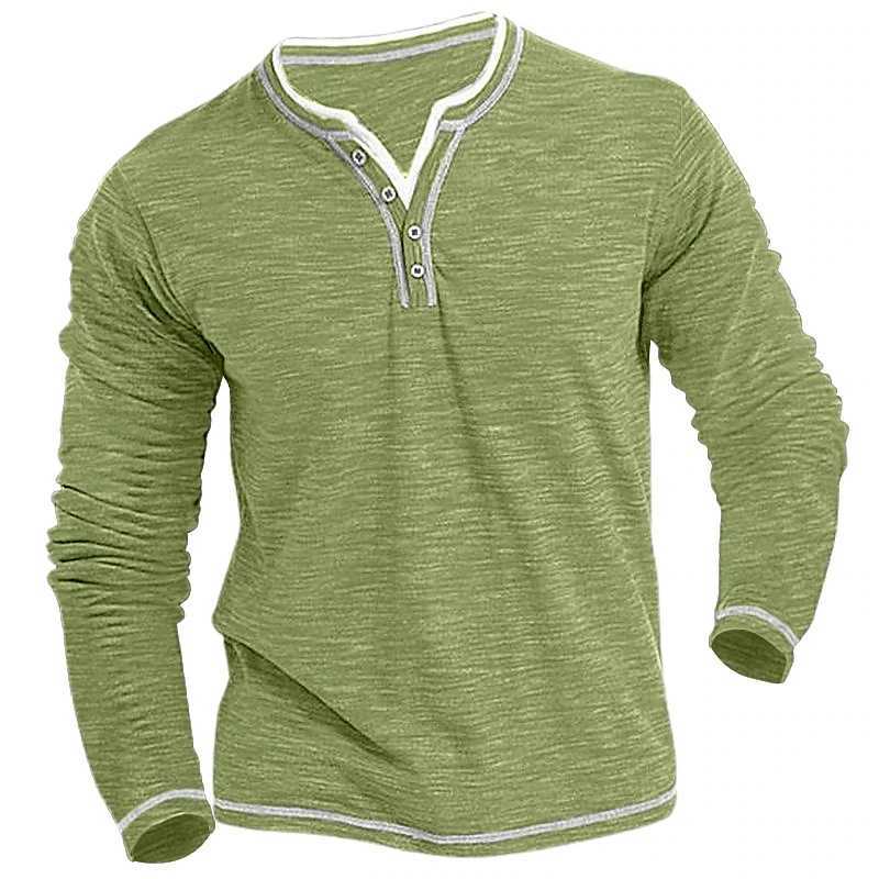 Mens Plain Henley Shirt Round Neck T-shirt Summer Comfortable Cotton Fashion Long Sleeve Casual Street Wear Sports Top BasicXJ240819