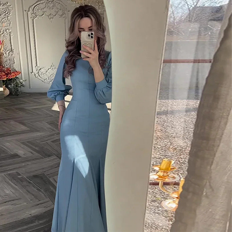 Autumn Elegant Solid Midi Dress Women Long Sleeve Slim Mermaid Spring French Vintage Wedding Party Vestidos Robe Mujers 240819