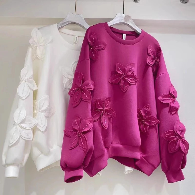 Fall Big Flower Korean Sweet Sweater Chic Beaded Loose Casual Pullover Space Cotton Aesthetic Hoodie 240814