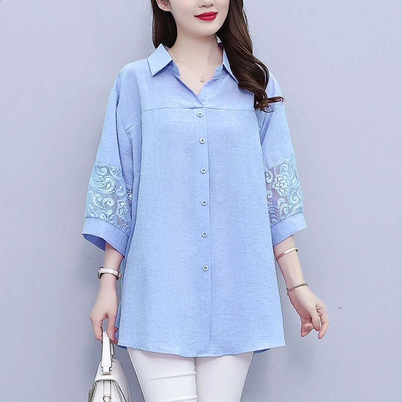Wxw2824 Pink Blue Office Shirt Womens Half Sleeve Splicing Lace Hollow Joint Top and Collar 240814