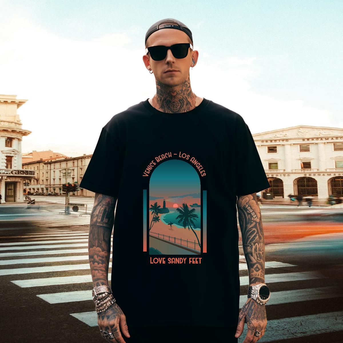 Loose Mens Tshirts Sports Casual 100% Cotton 230g Floral Print Breathable Short Sleeve sea Men T Shirts DIY Customized Wear