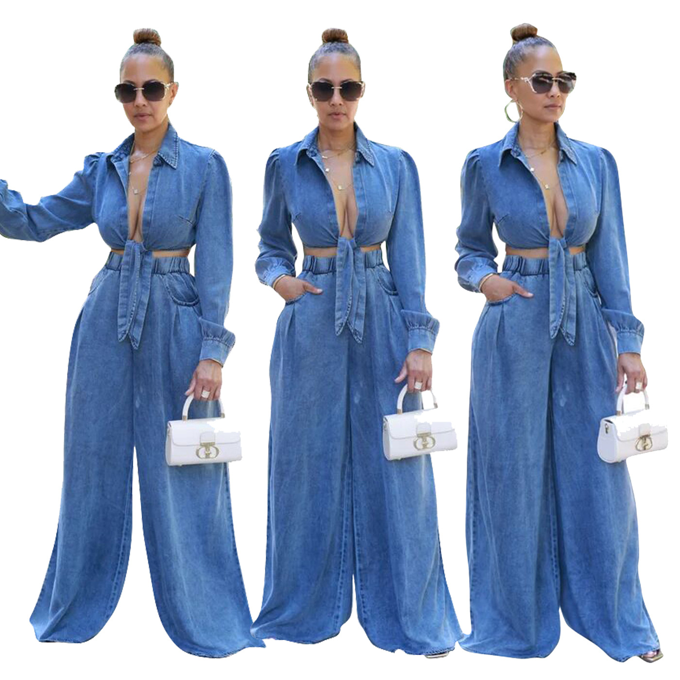 NEW Designer Fall Winter Denim Tracksuits Women Two Piece Sets Long Sleeve Bandage shirt and Wide Leg Pants Casual Outfits Solid Sweatsuits Wholesale 