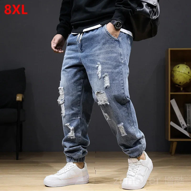Large size jeans autumn winter section jeans men stretch elastic men high waist plus size hole trousers 8XL 7XL ripped jeans 240819