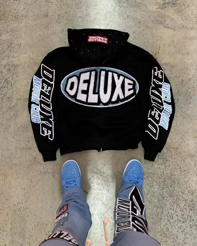 American Y2K Fleece Padded Zipper Hoodie Men Street Hip Hop Retro Joker Sweatshirt Couple Punk Warm Pattern Print Hoodie Top 240819