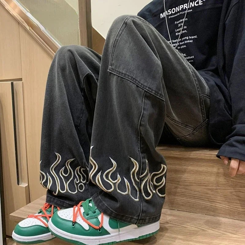 Man Cowboy Pants Graphic Trousers Wide Leg Mens Jeans Embroidery Black Clothes Y2k 2000s Comfortable Summer Denim Stacked Xs 240819