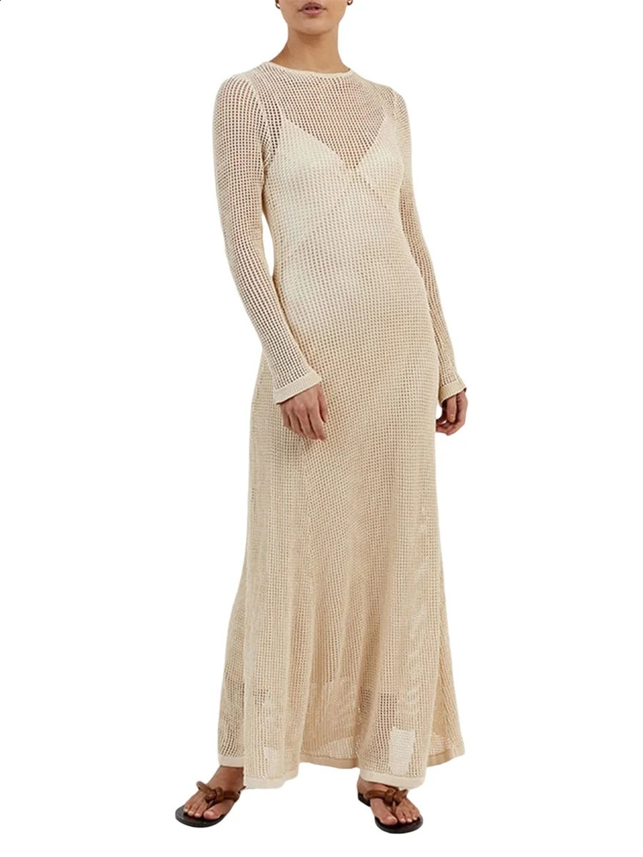Women Sexy Beach See Through Maxi Dress Long Sleeve Hollow Crochet Knit Summer Coverups Bodycon Party Long Dress 240819