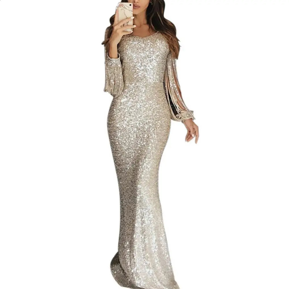 Elegant Ladies Vestidos Plus Size Chic Women Tassel Lantern Sleeve Sequined Tassel Long Sleeve V Neck Bodycon Party Maxi Dress 240819