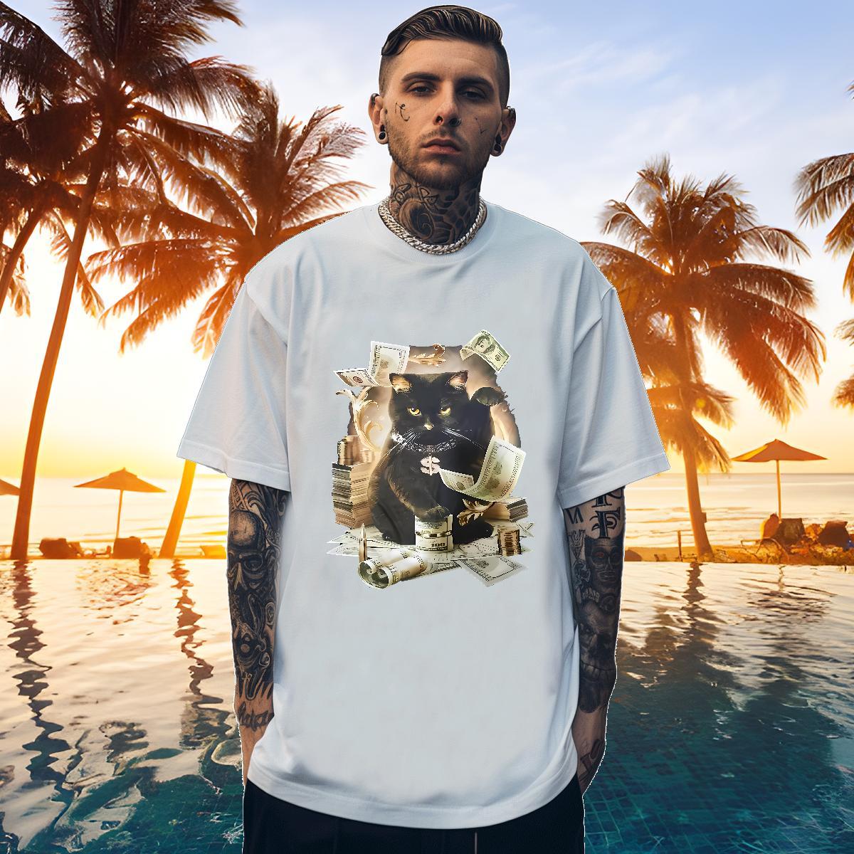Free Shipping T shirt cat Breathable Short Sleeve High Street Hip Hop Custom Printing 230g Pure Cotton Men Clothes T-Shirt Fashion Casual Wear