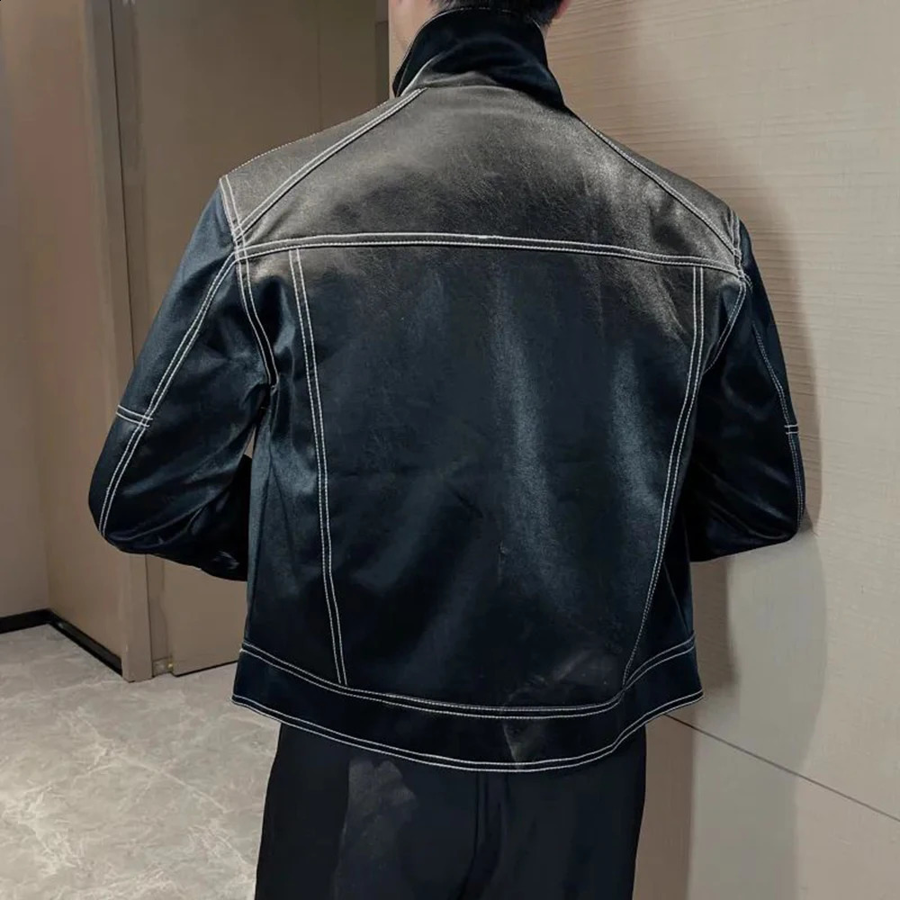 Men Y2k Matte Biker Leather Jacket Genderless Autumn Winter Nightclub Trendy Street Stand Collar Topstitch Leather Jacket Unisex 240809