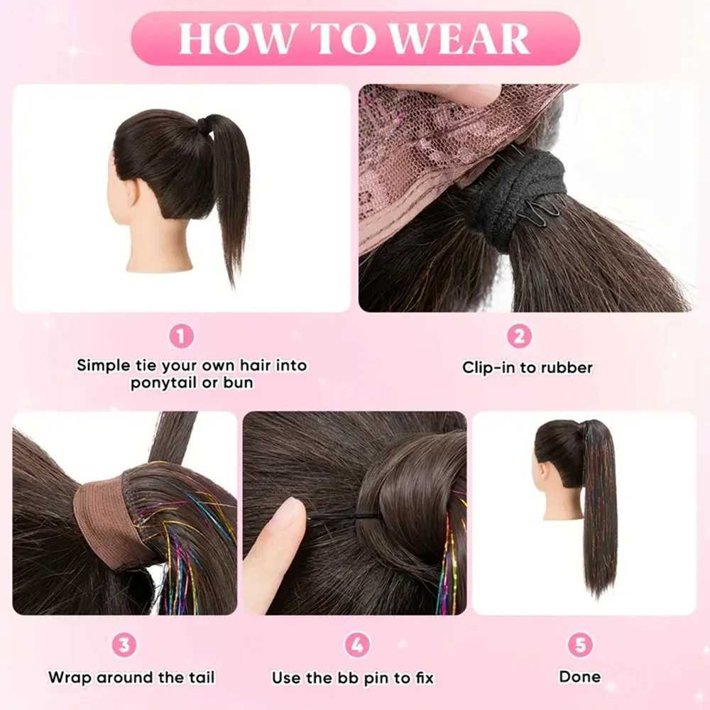 22 inch long and straight hair sparkling Tinsel ponytail wig extends around synthetic fiber hair suitable for women to use W240817